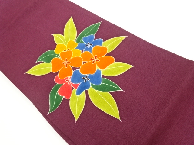 縮緬地手描き花葉模様名古屋帯